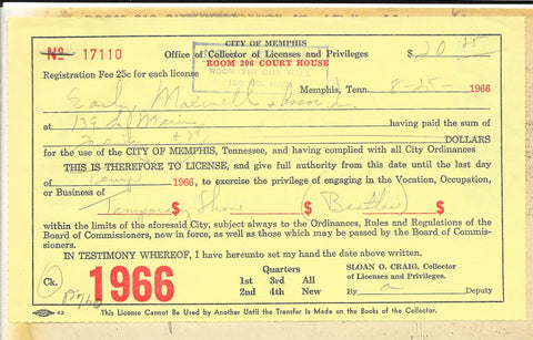 1966 Memphis "Cherry Bomb" Concert Contract