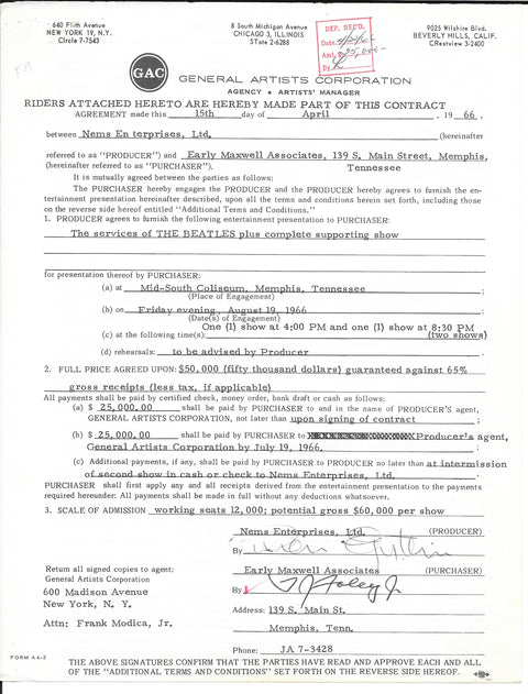 1966 Memphis "Cherry Bomb" Concert Contract