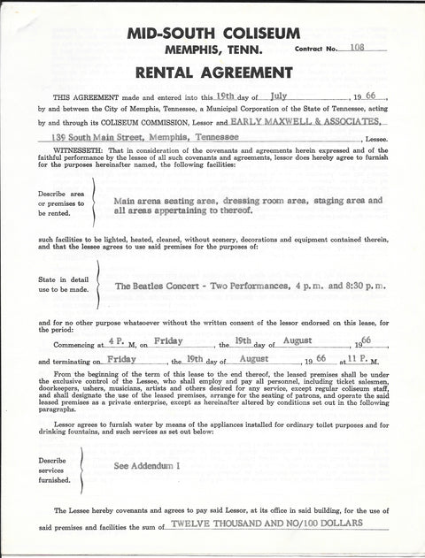 1966 Memphis "Cherry Bomb" Concert Contract