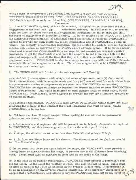 1966 Memphis "Cherry Bomb" Concert Contract