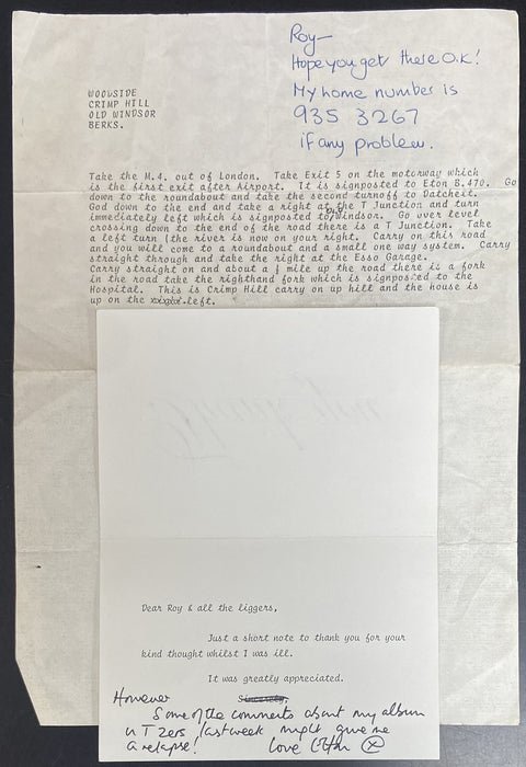 Signed Thank You Note To Roy Carr