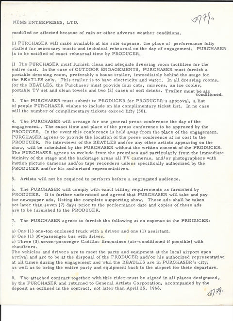 1966 Memphis "Cherry Bomb" Concert Contract